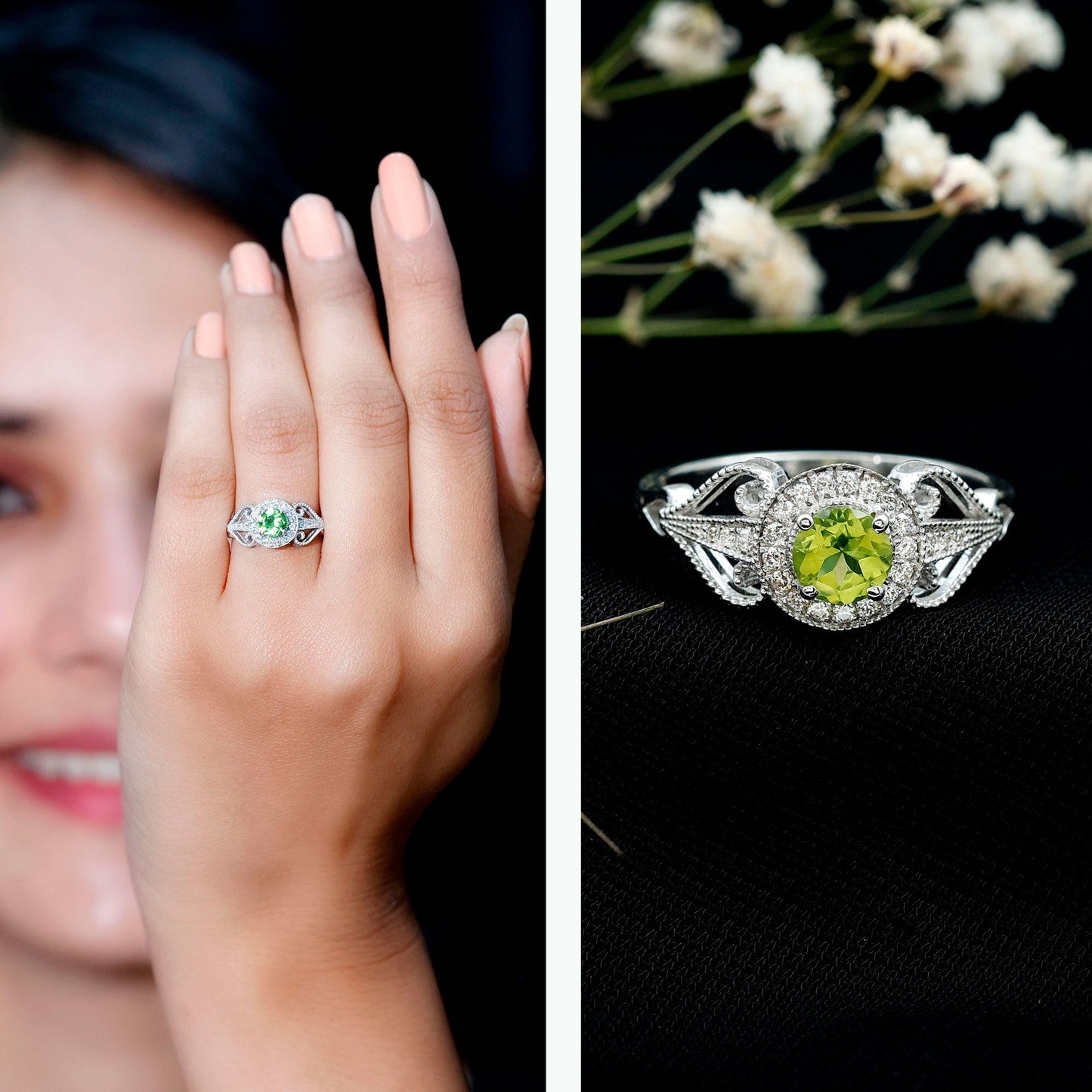 Vintage Inspired 0.5 Carat Peridot Engagement Ring with Diamond Halo