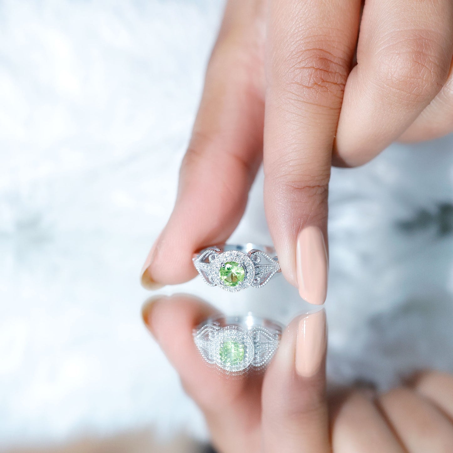 Vintage Inspired 0.5 Carat Peridot Engagement Ring with Diamond Halo