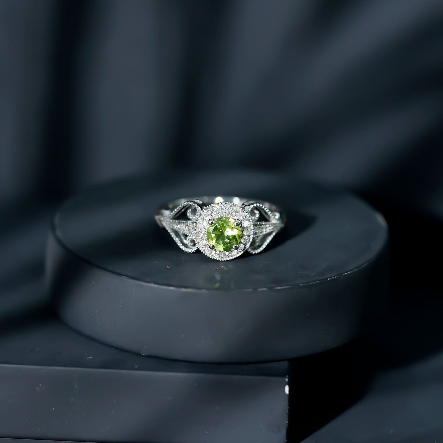 Vintage Inspired 0.5 Carat Peridot Engagement Ring with Diamond Halo