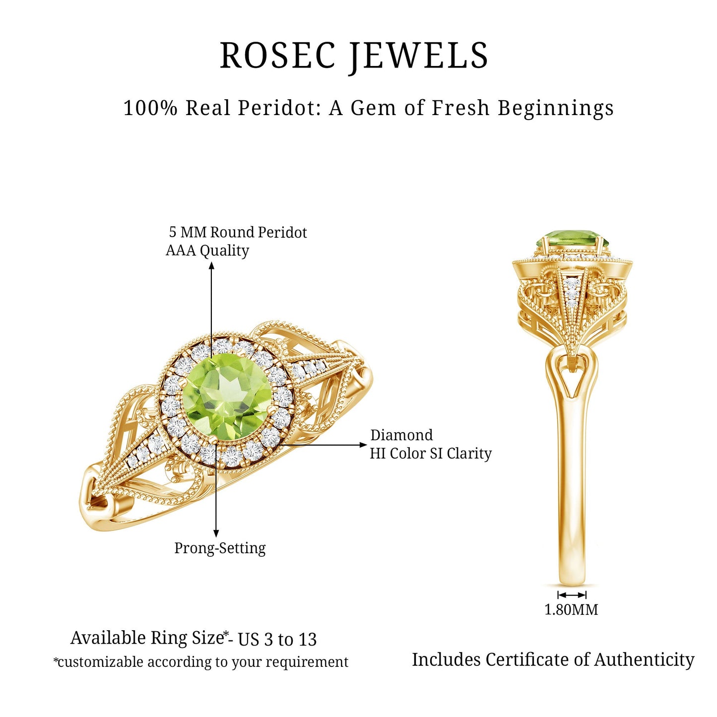 Vintage Inspired 0.5 Carat Peridot Engagement Ring with Diamond Halo