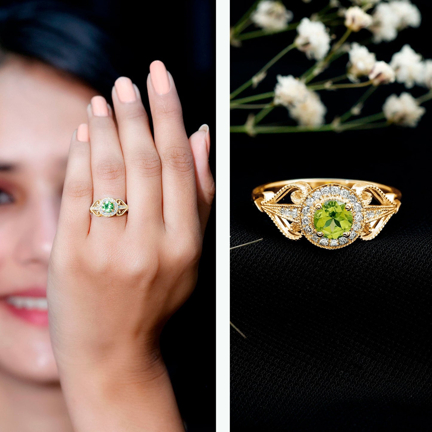 Vintage Inspired 0.5 Carat Peridot Engagement Ring with Diamond Halo