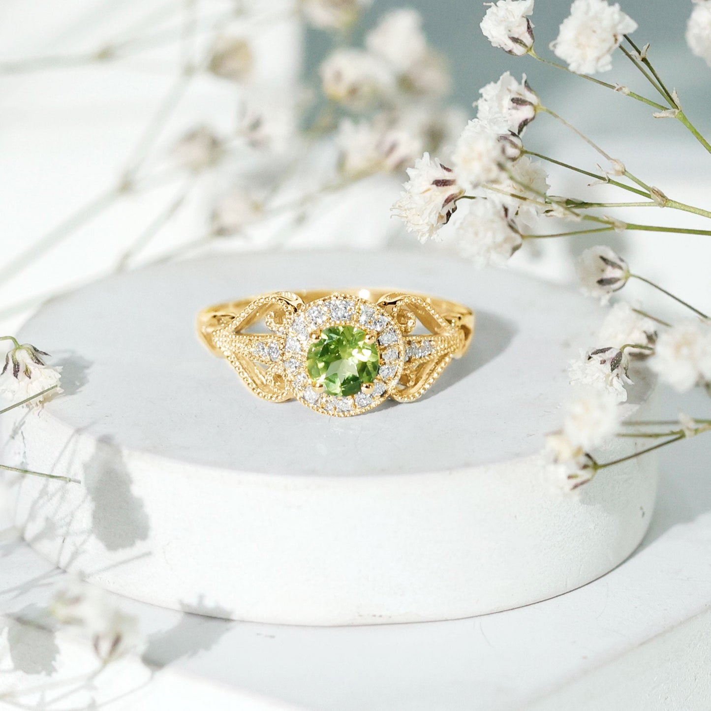 Vintage Inspired 0.5 Carat Peridot Engagement Ring with Diamond Halo