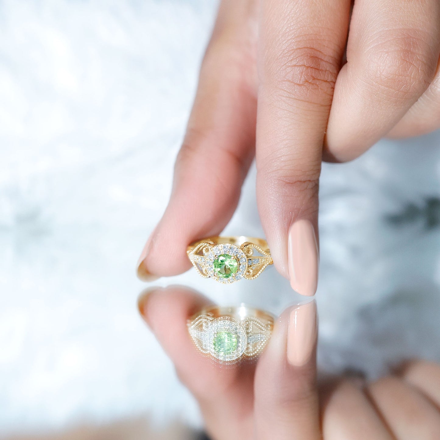Vintage Inspired 0.5 Carat Peridot Engagement Ring with Diamond Halo