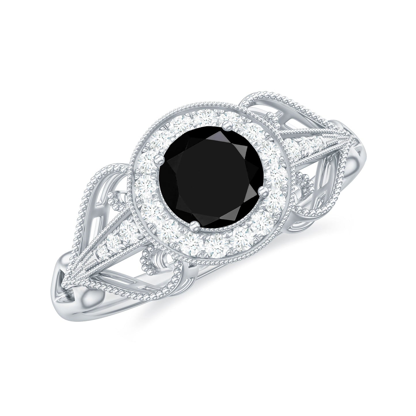 0.4 Carat Round Black Onyx Vintage Engagement Ring with Diamond Halo
