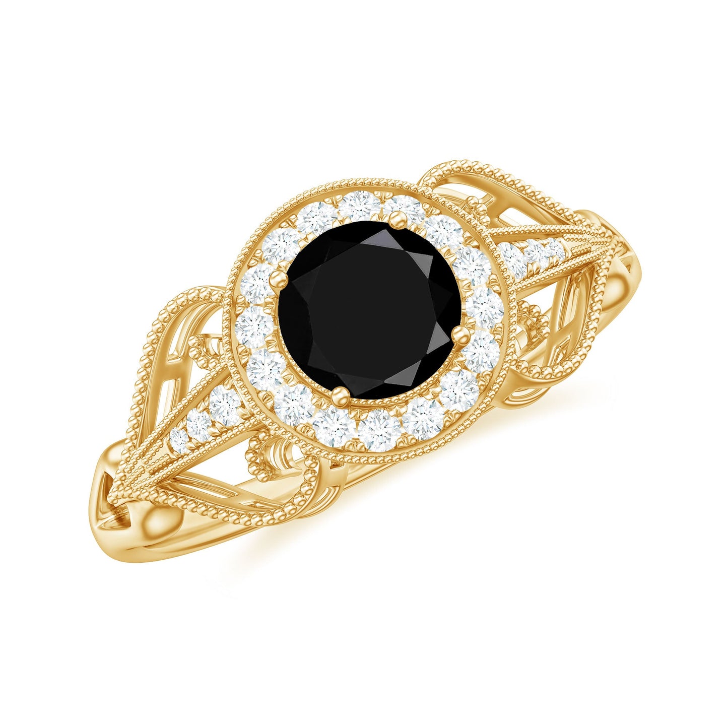 0.4 Carat Round Black Onyx Vintage Engagement Ring with Diamond Halo