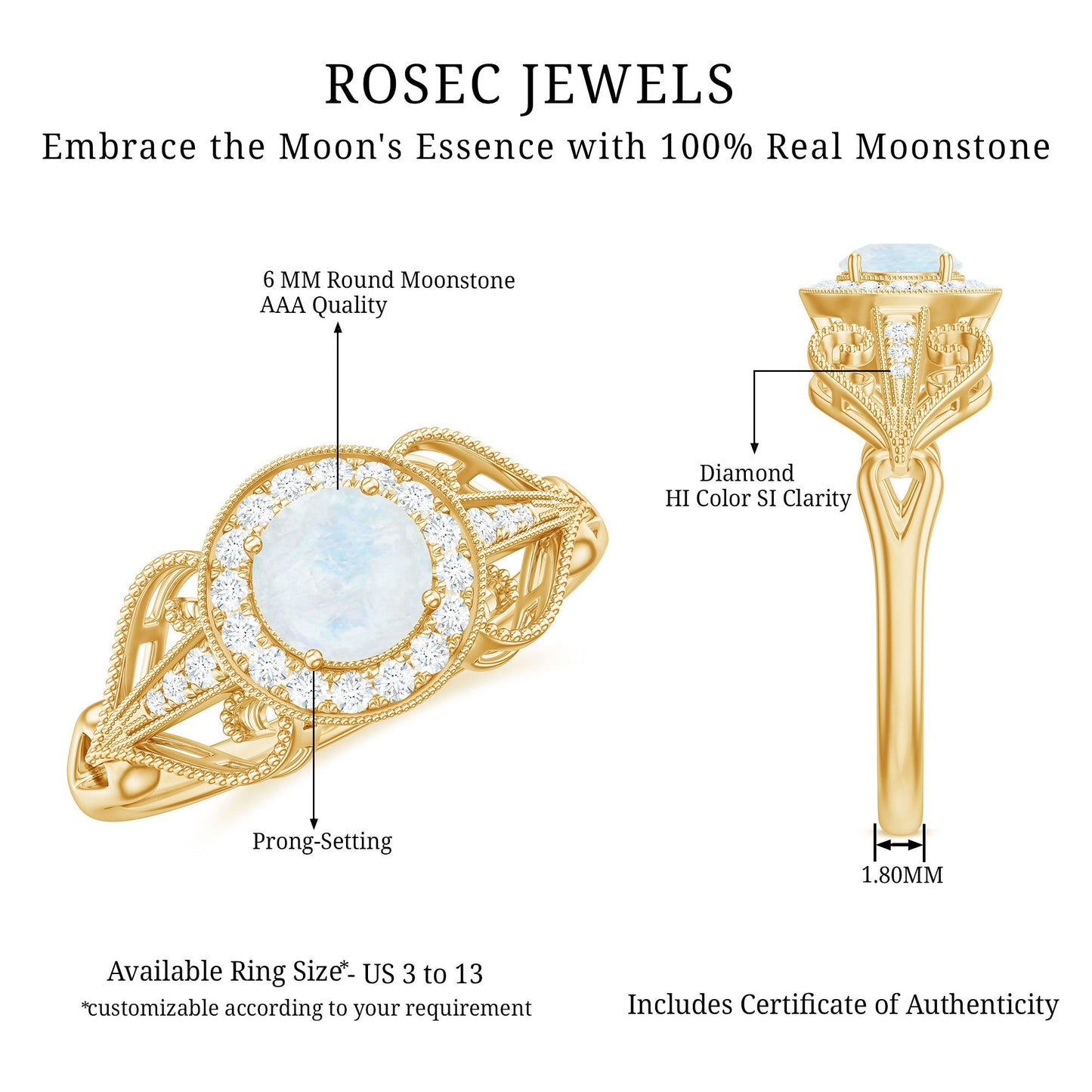 Vintage Inspired Moonstone and Diamond Engagement Ring