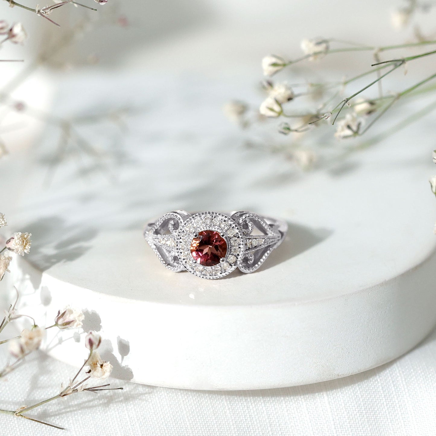 Vintage Pink Tourmaline Diamond Engagement Ring with Halo