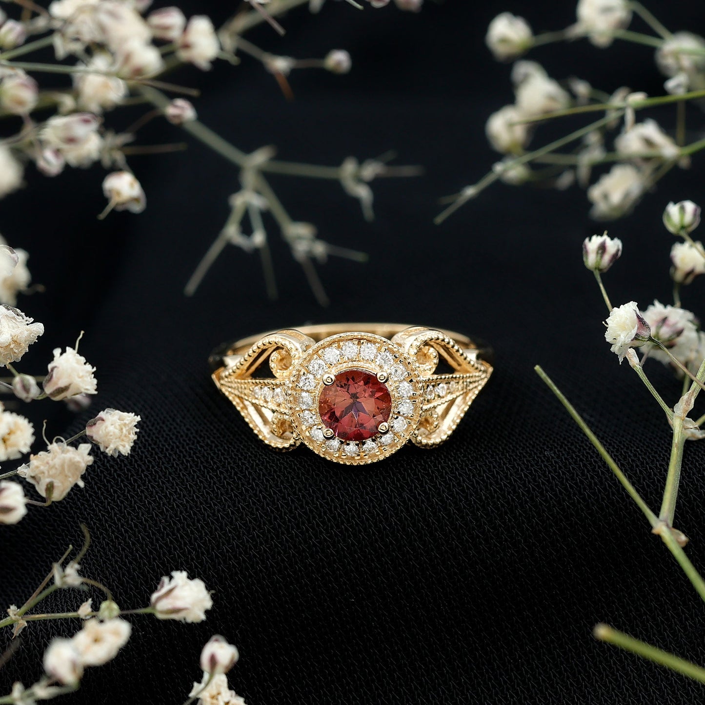 Vintage Pink Tourmaline Diamond Engagement Ring with Halo