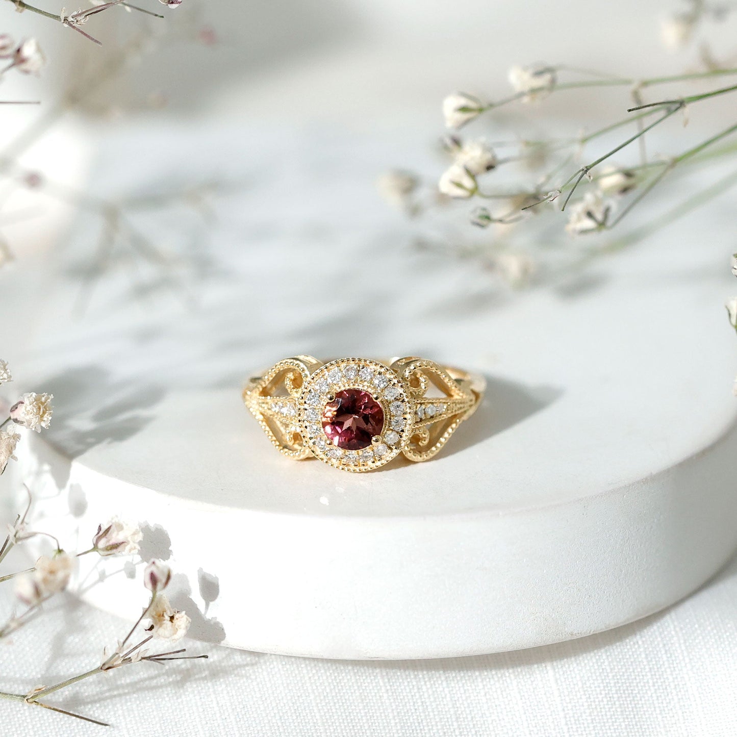 Vintage Pink Tourmaline Diamond Engagement Ring with Halo