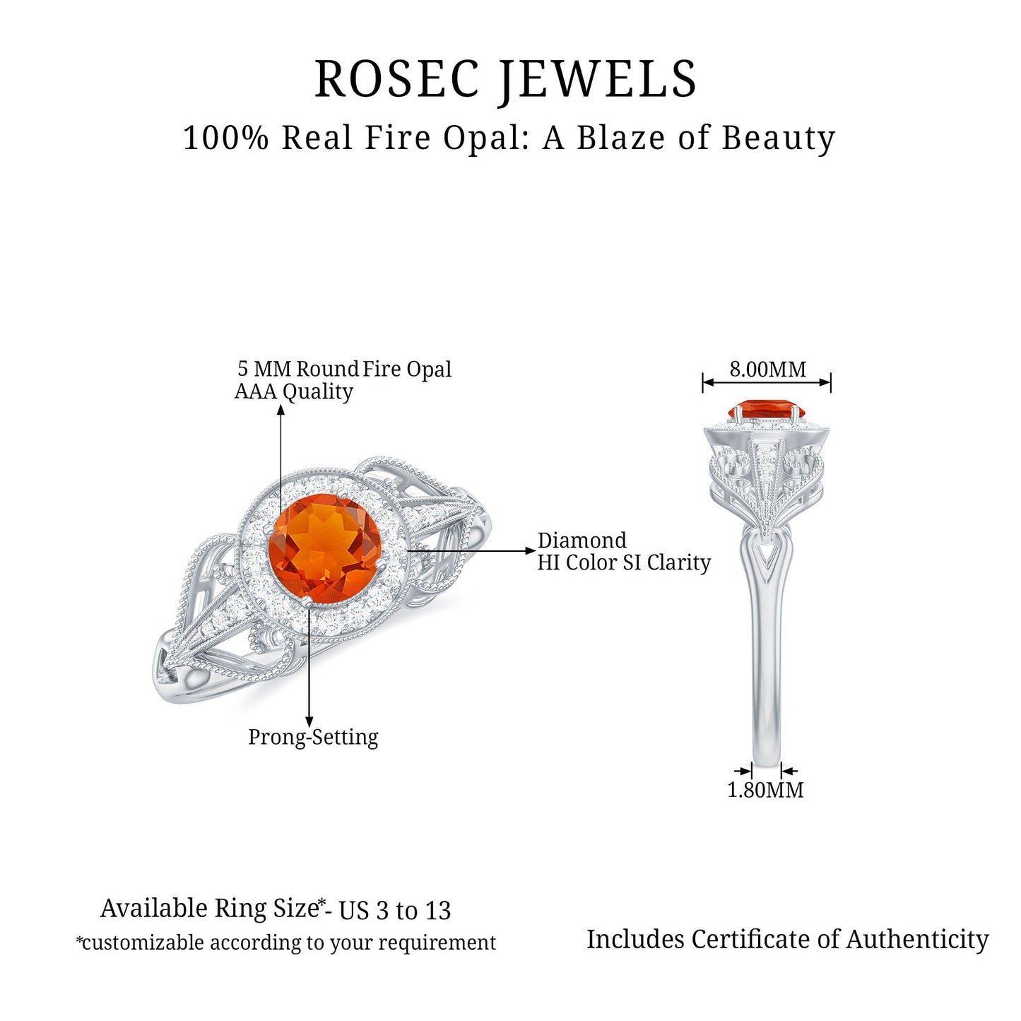 Real 0.45 Carat Fire Opal and Diamond Vintage Inspired Engagement Ring