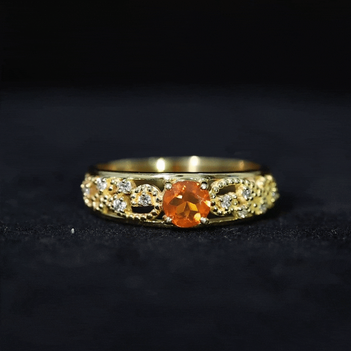 Vintage Style Fire Opal Solitaire Anniversary Band Ring with Diamond