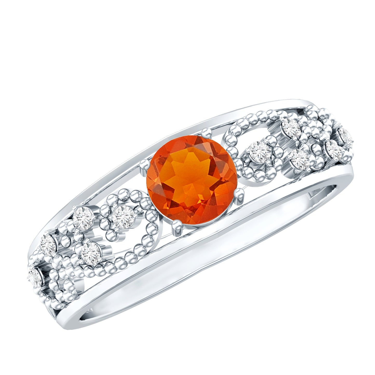 Vintage Style Fire Opal Solitaire Anniversary Band Ring with Diamond