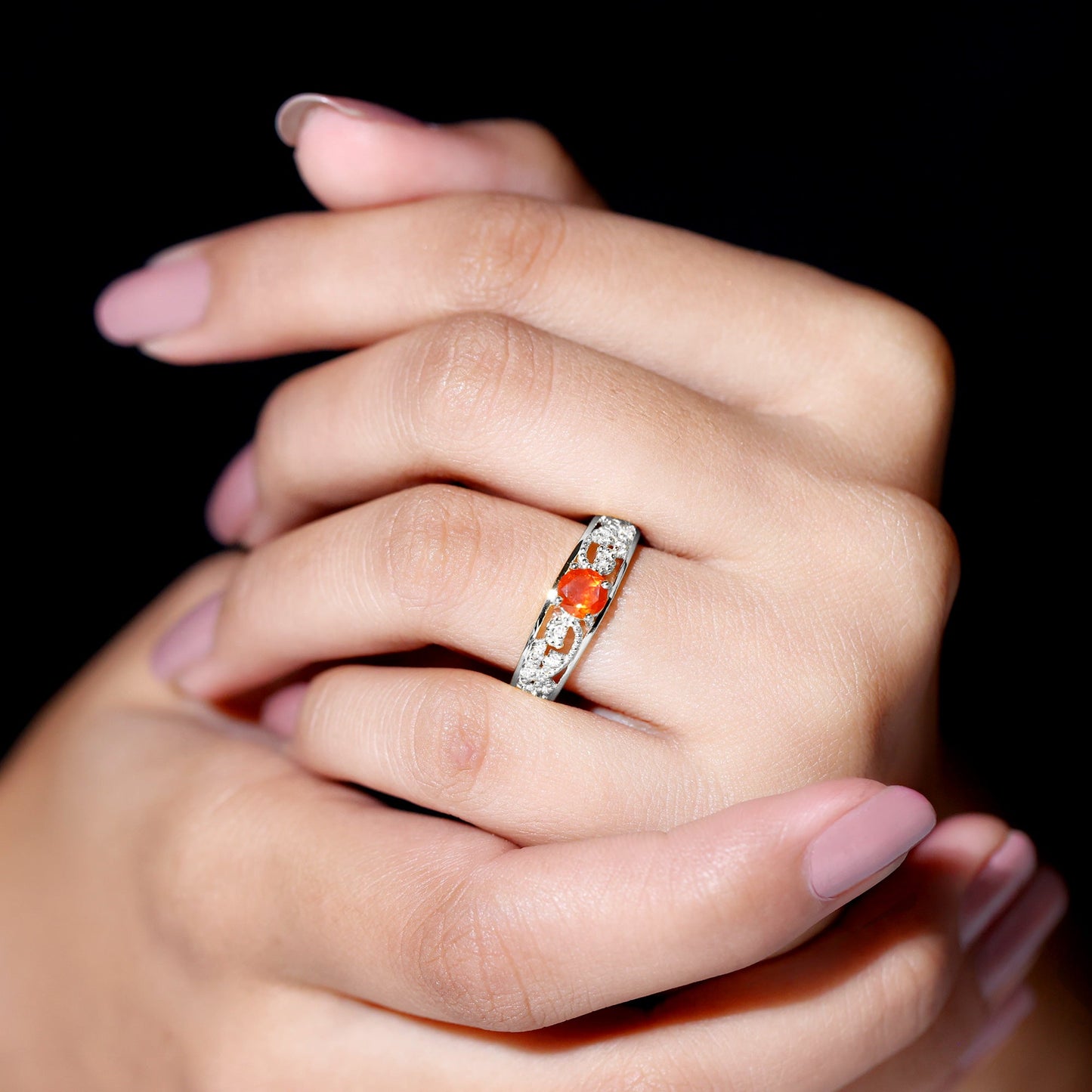 Vintage Style Fire Opal Solitaire Anniversary Band Ring with Diamond