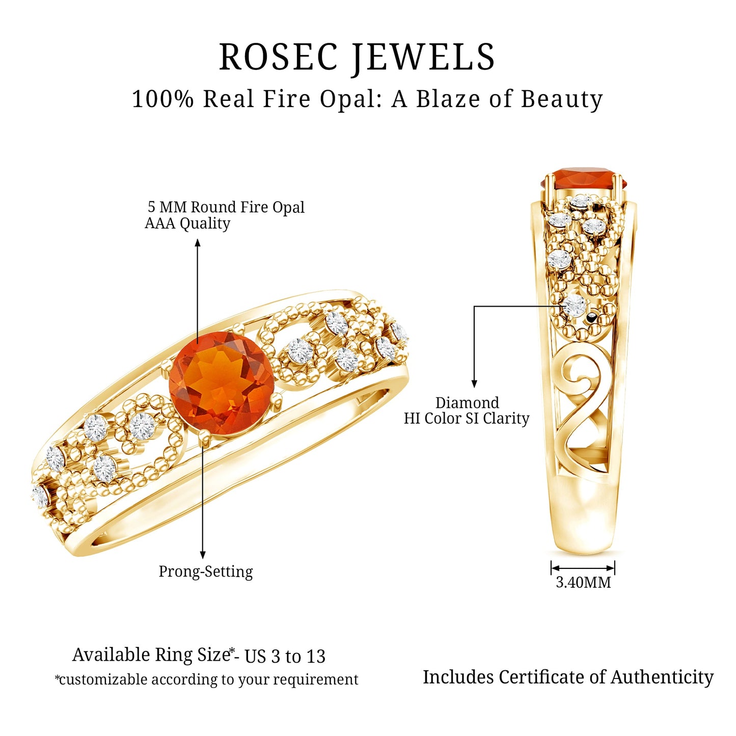 Vintage Style Fire Opal Solitaire Anniversary Band Ring with Diamond