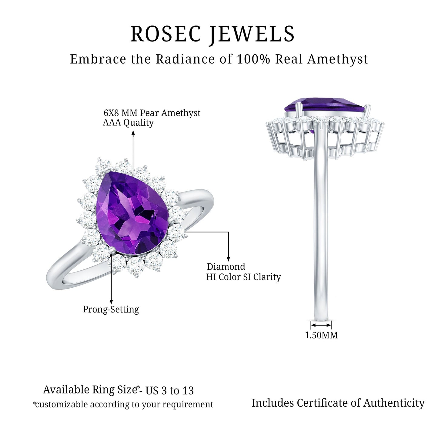 Natural 1 Carat Amethyst Pear Shaped Engagement Ring with Diamond Halo