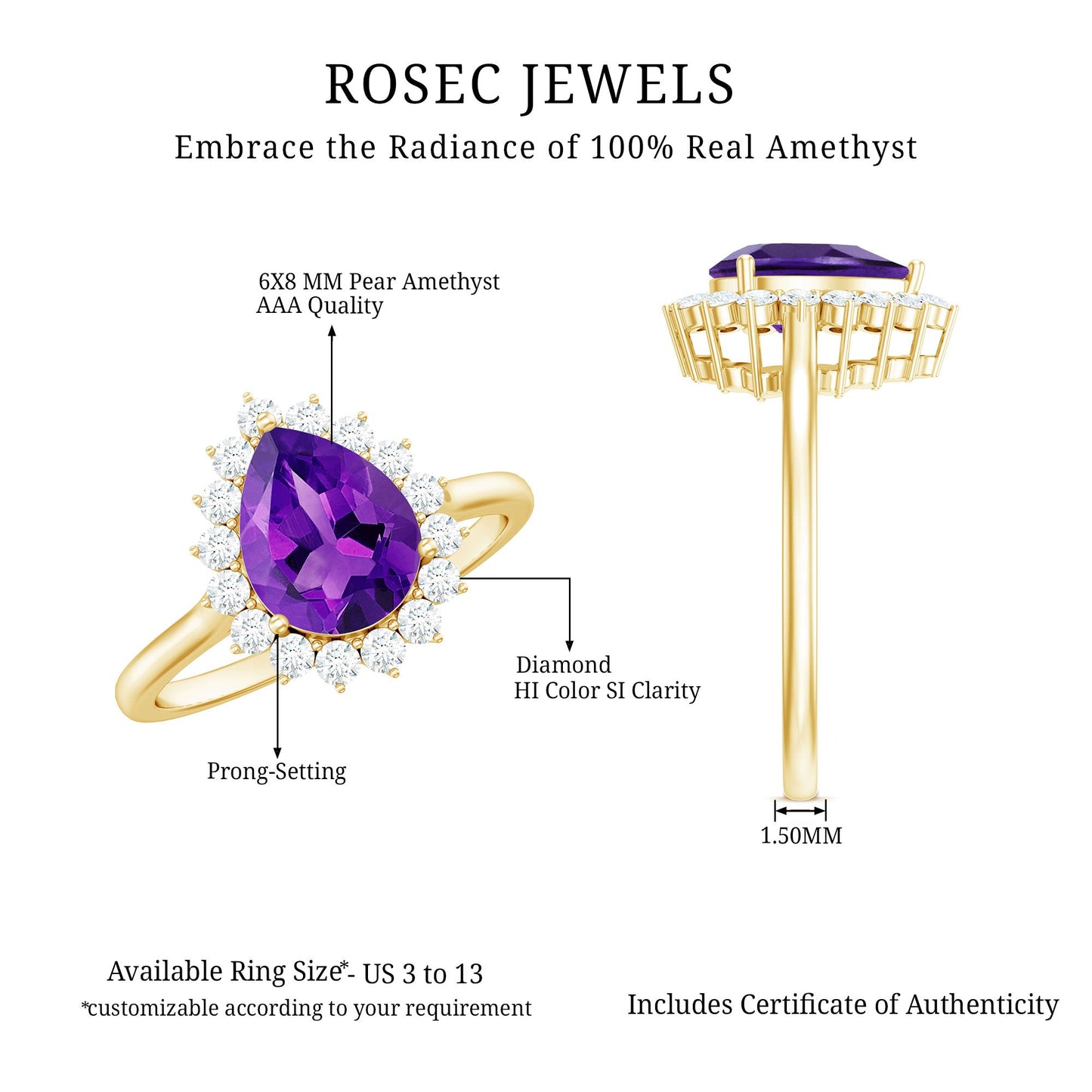 Natural 1 Carat Amethyst Pear Shaped Engagement Ring with Diamond Halo