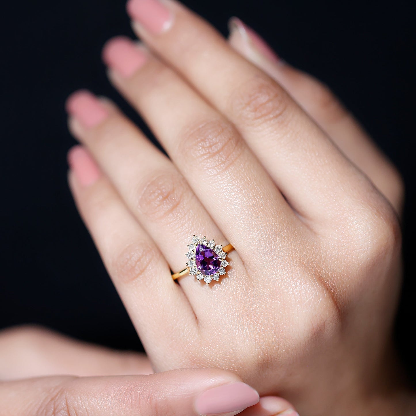 Natural 1 Carat Amethyst Pear Shaped Engagement Ring with Diamond Halo