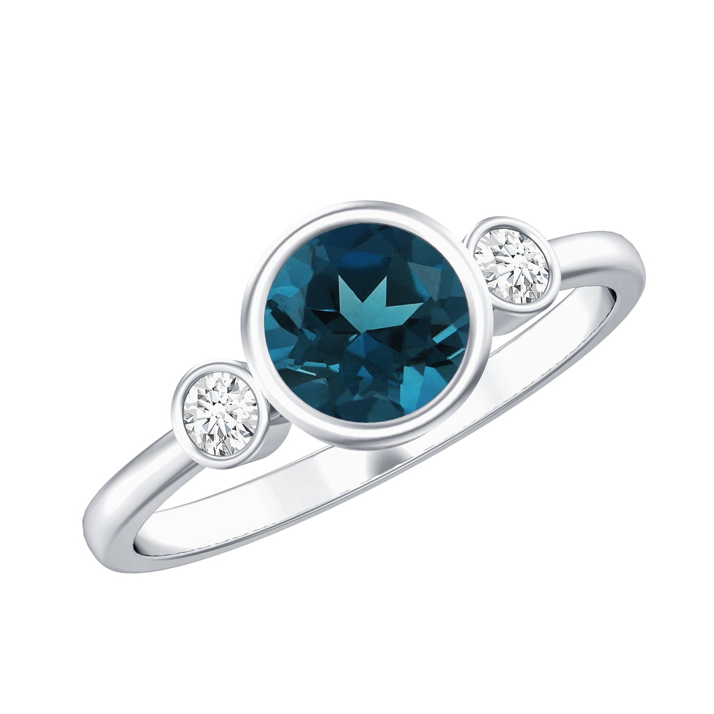 Bezel Set Round London Blue Topaz Solitaire Engagement Ring With Diamond