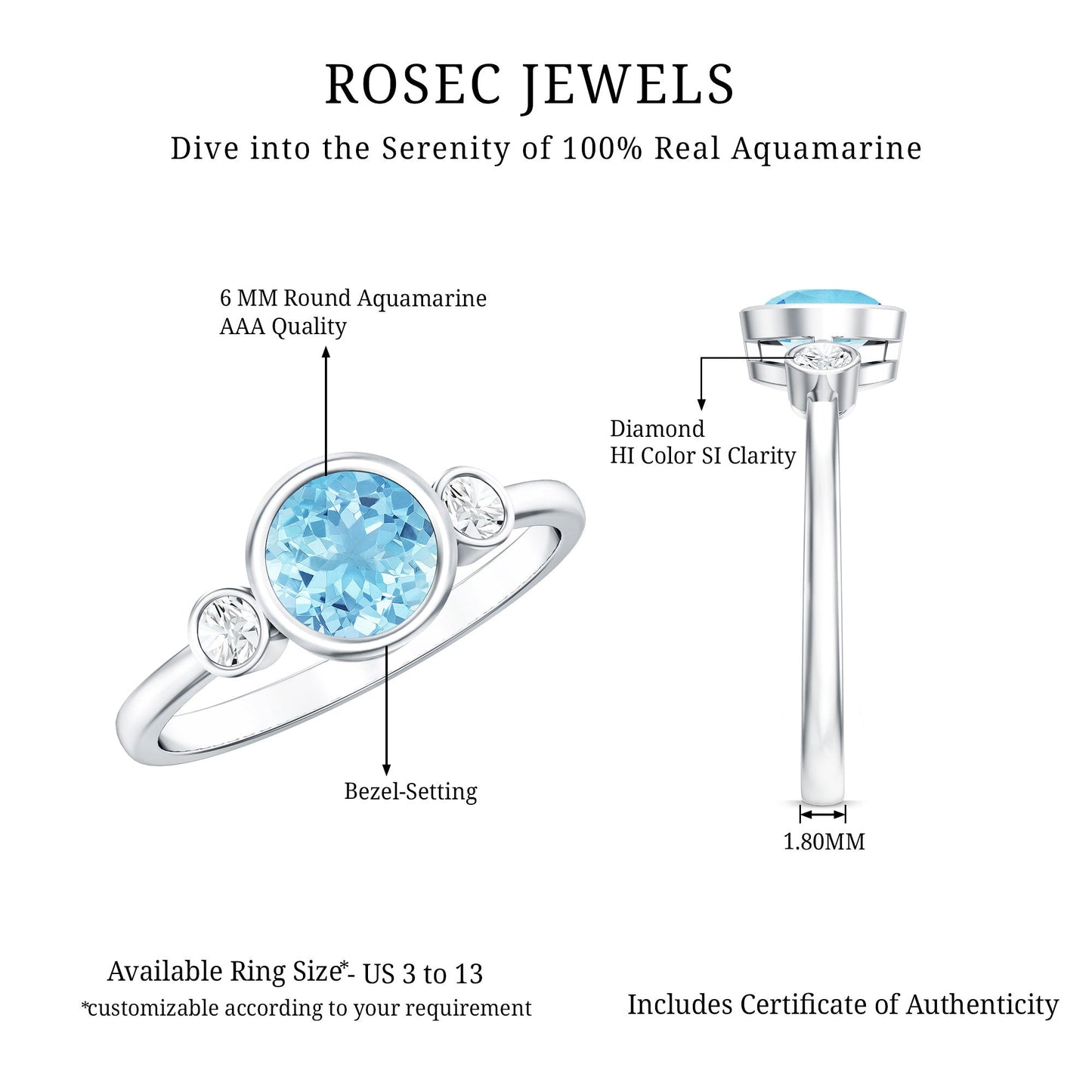 Bezel Set Real Aquamarine Diamond Engagement Ring with Certificate