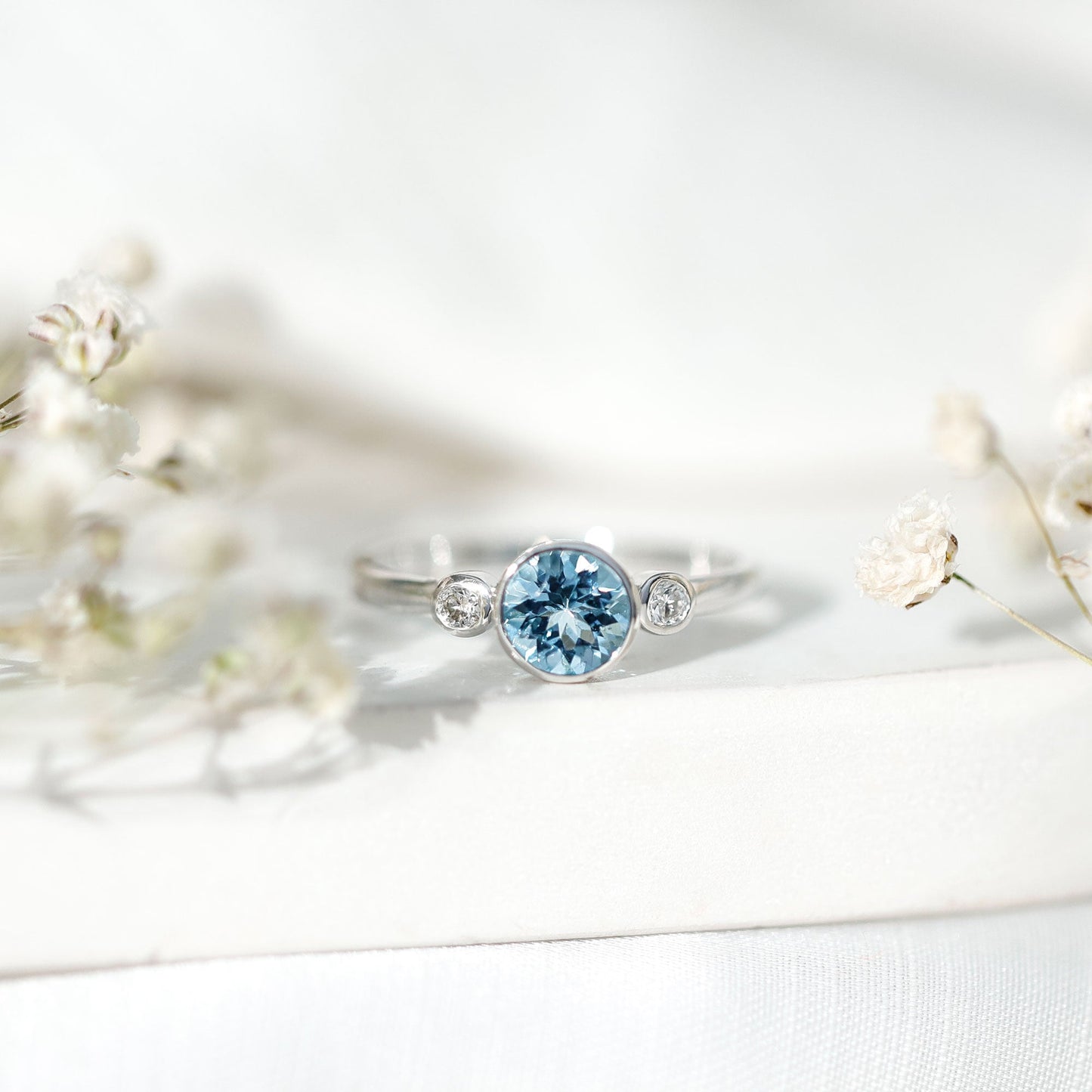 Bezel Set Real Aquamarine Diamond Engagement Ring with Certificate