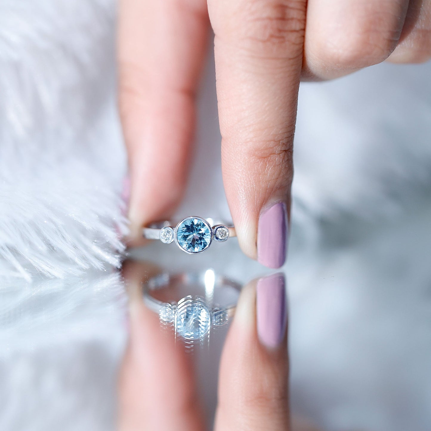 Bezel Set Real Aquamarine Diamond Engagement Ring with Certificate