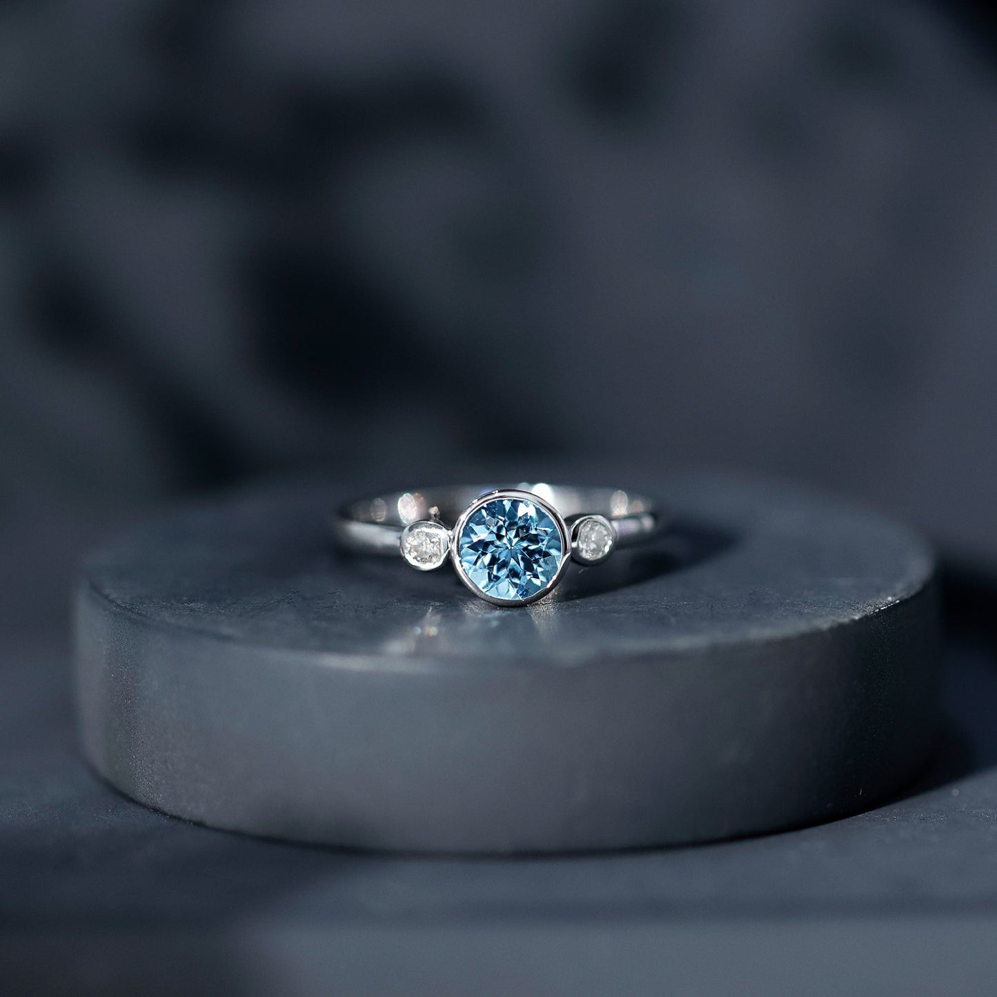 Bezel Set Real Aquamarine Diamond Engagement Ring with Certificate