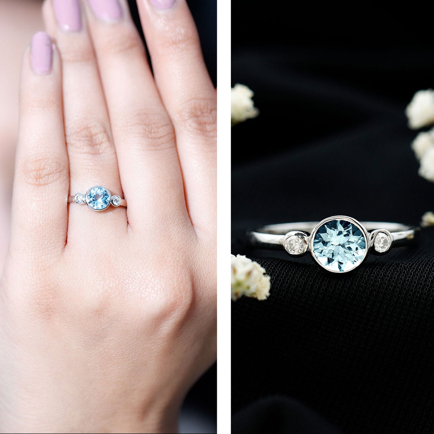 Bezel Set Real Aquamarine Diamond Engagement Ring with Certificate