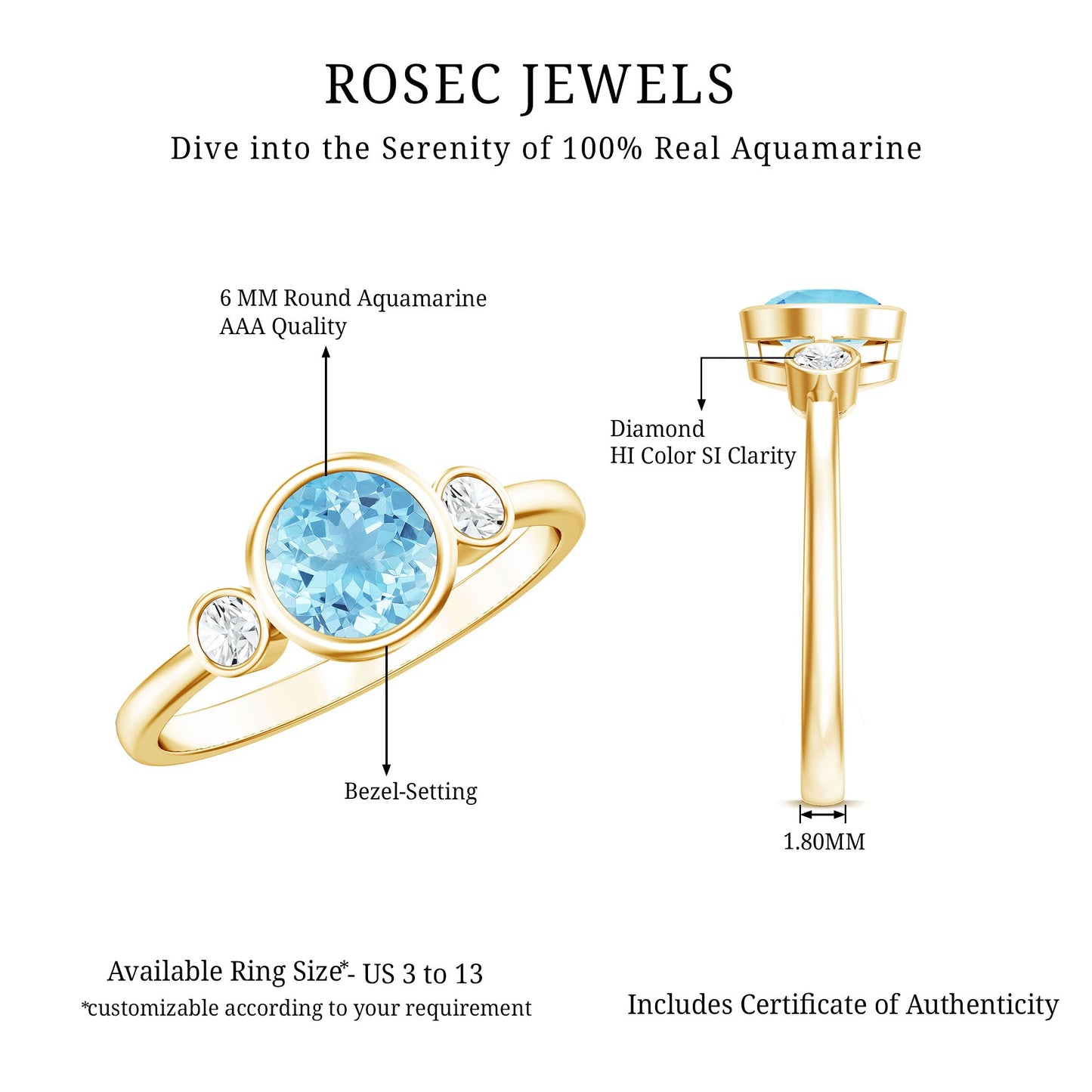 Bezel Set Real Aquamarine Diamond Engagement Ring with Certificate