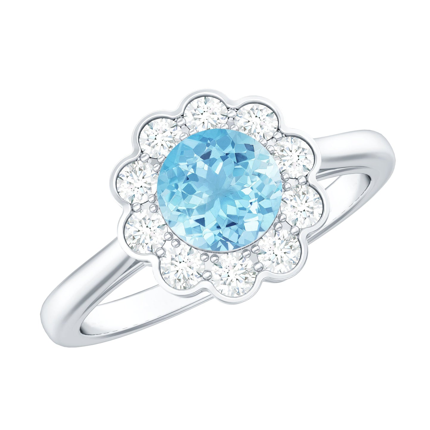 Certified 0.8 Carat Real Aquamarine Engagement Ring with Diamond Flower Halo