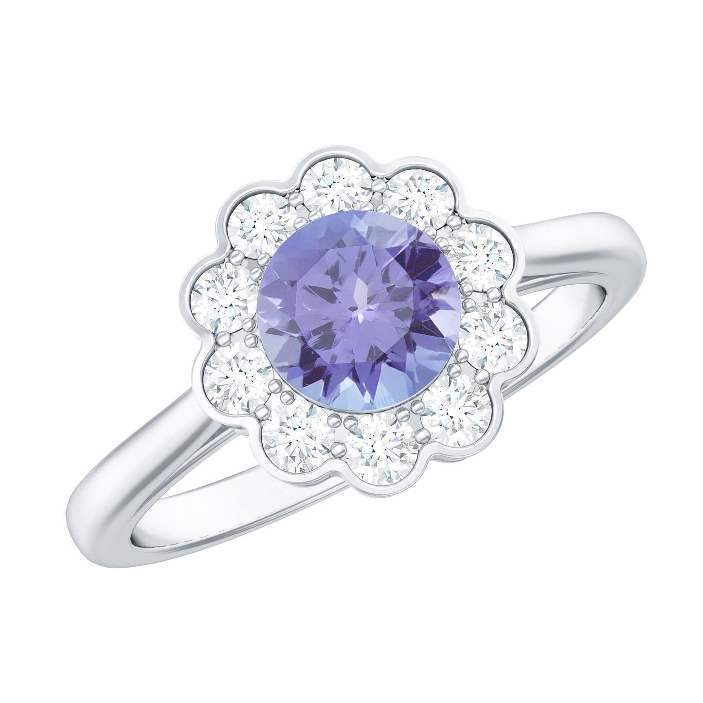 Natural Tanzanite Floral Engagement Ring with Diamond Halo