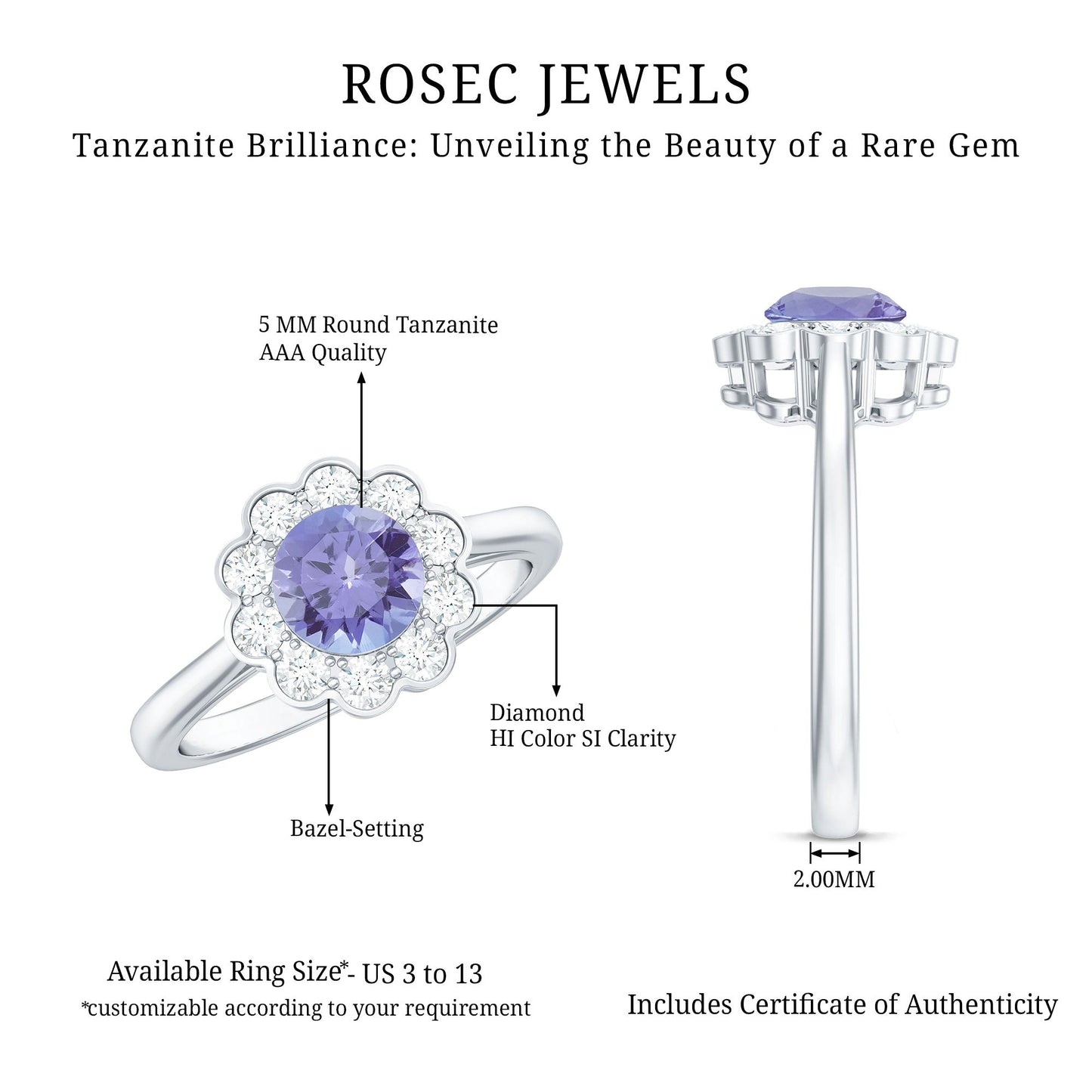 Natural Tanzanite Floral Engagement Ring with Diamond Halo