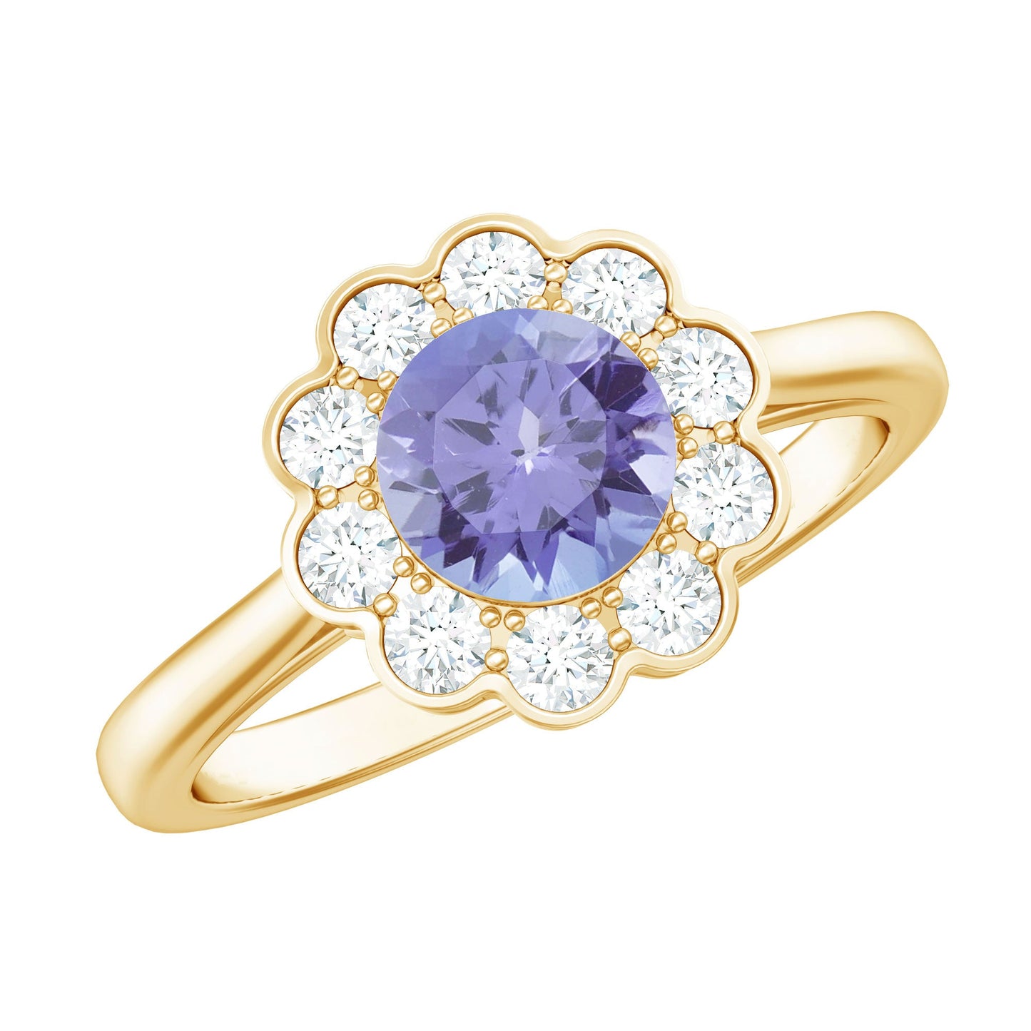 Natural Tanzanite Floral Engagement Ring with Diamond Halo