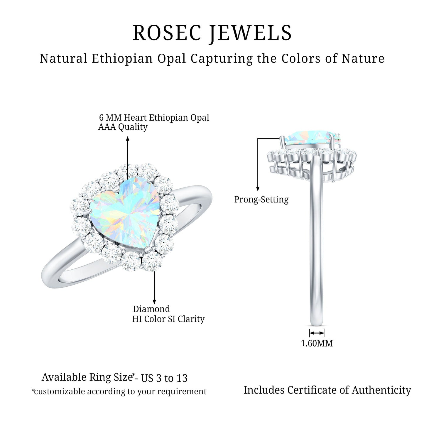 Certified Real Ethiopian Opal Heart Shaped Engagement Ring with Diamond Halo