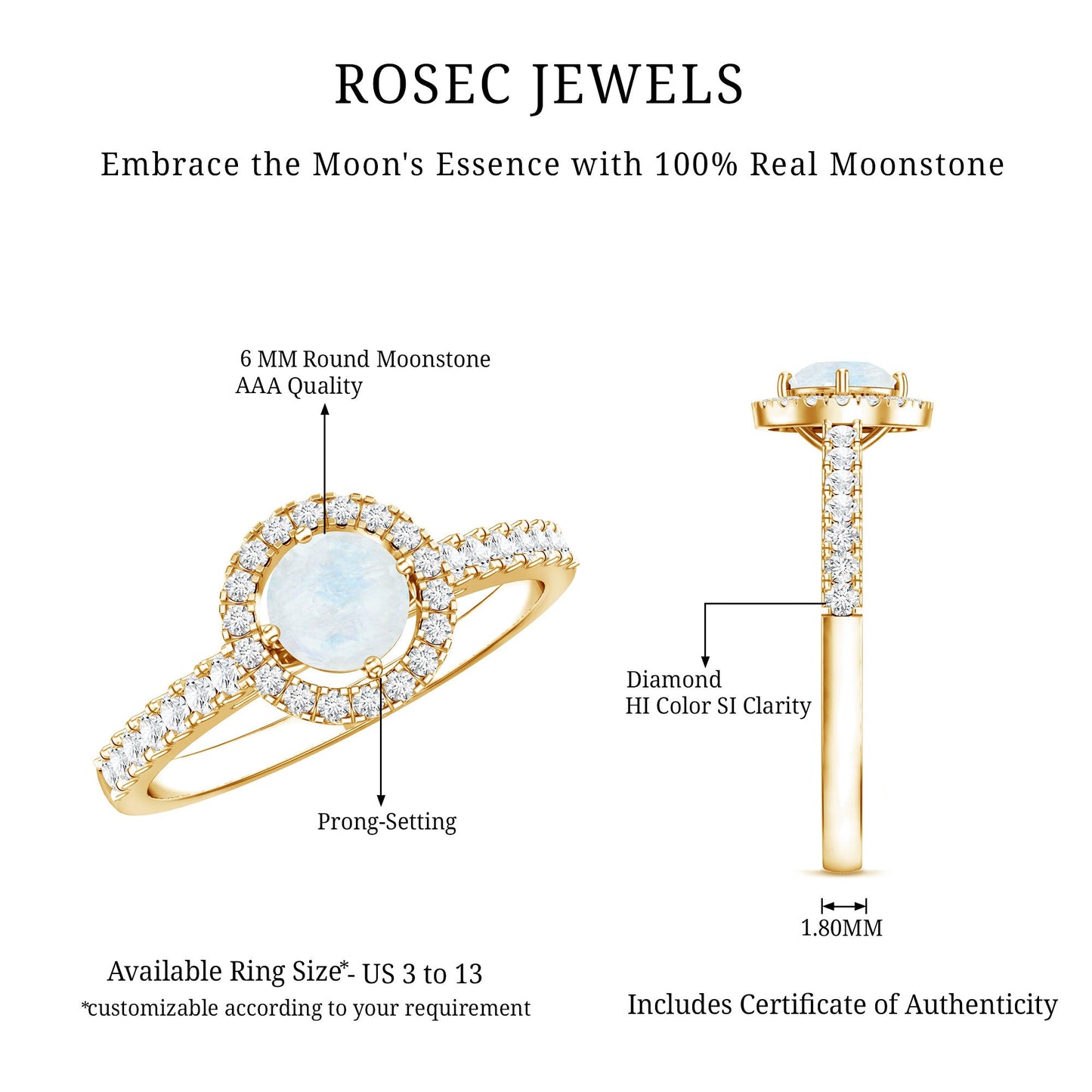 Certified Round Moonstone Halo Engagement Ring With Diamond Accent