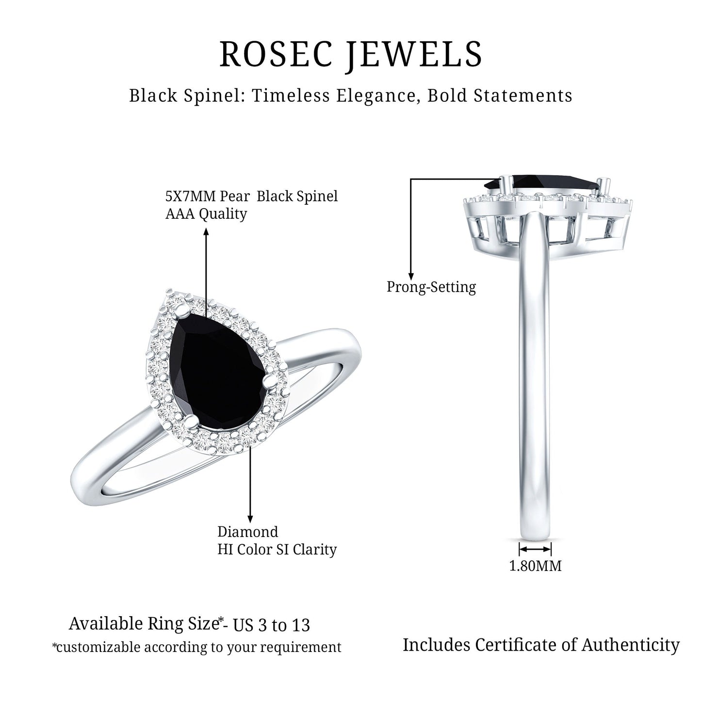 Certified Real Black Spinel Teardrop Engagement Ring with Diamond Halo