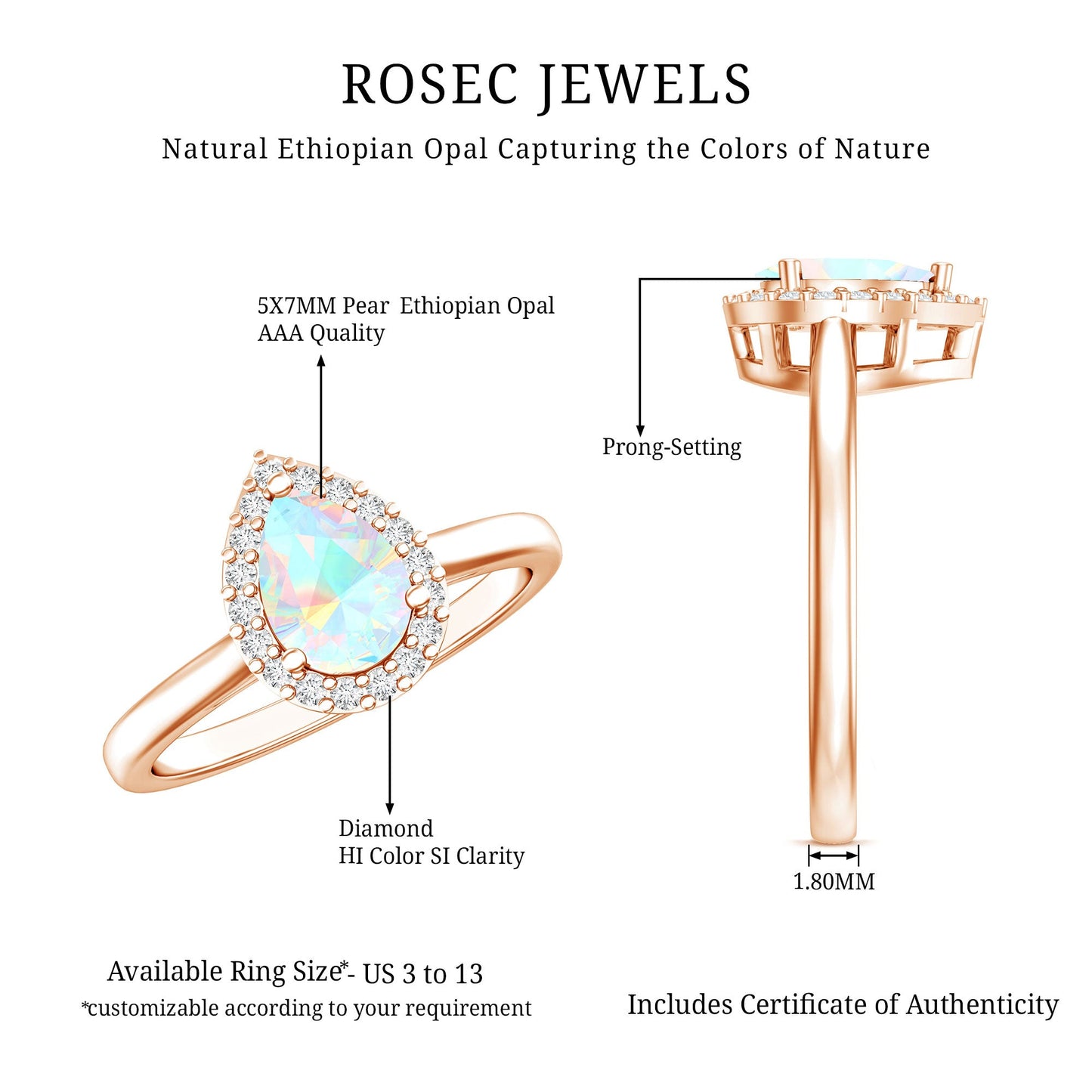 Certified Real 5X7 mm Ethiopian Opal Engagement Ring with Diamond Halo