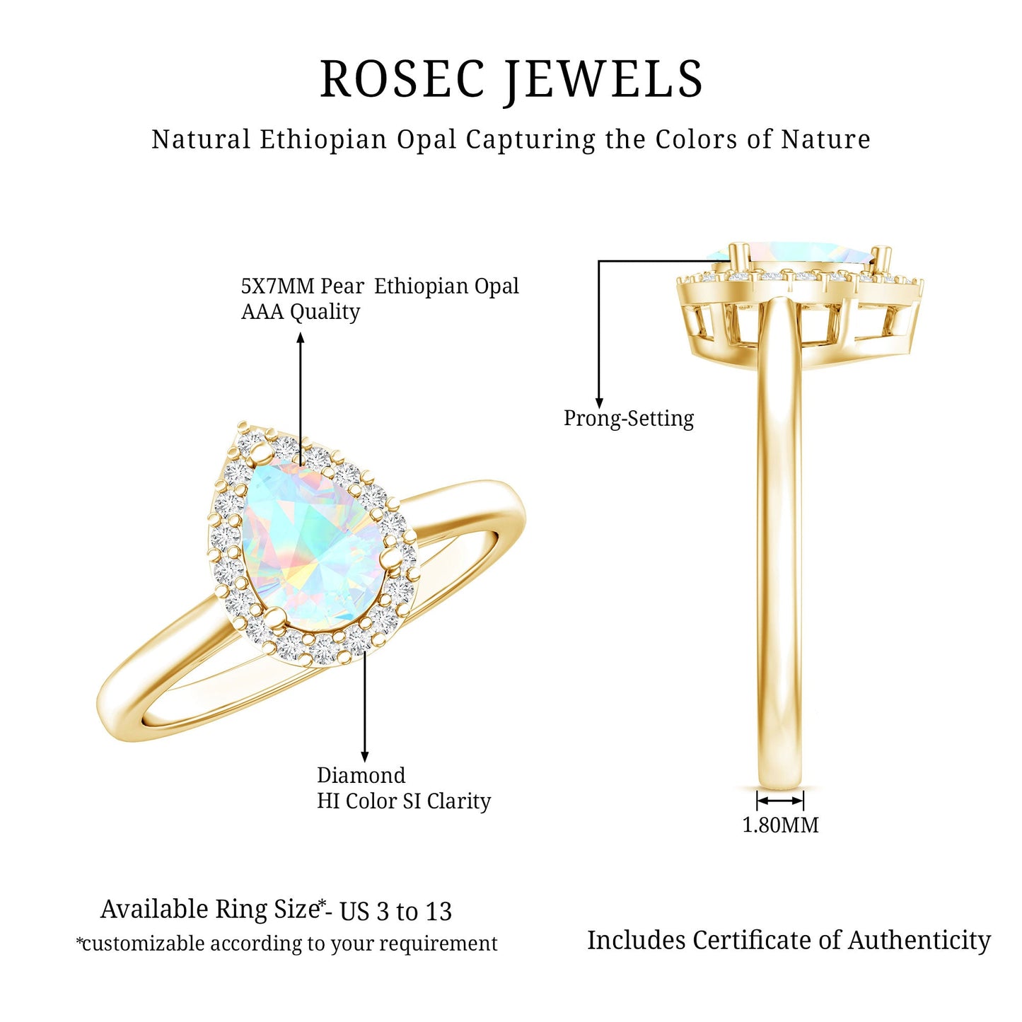 Certified Real 5X7 mm Ethiopian Opal Engagement Ring with Diamond Halo