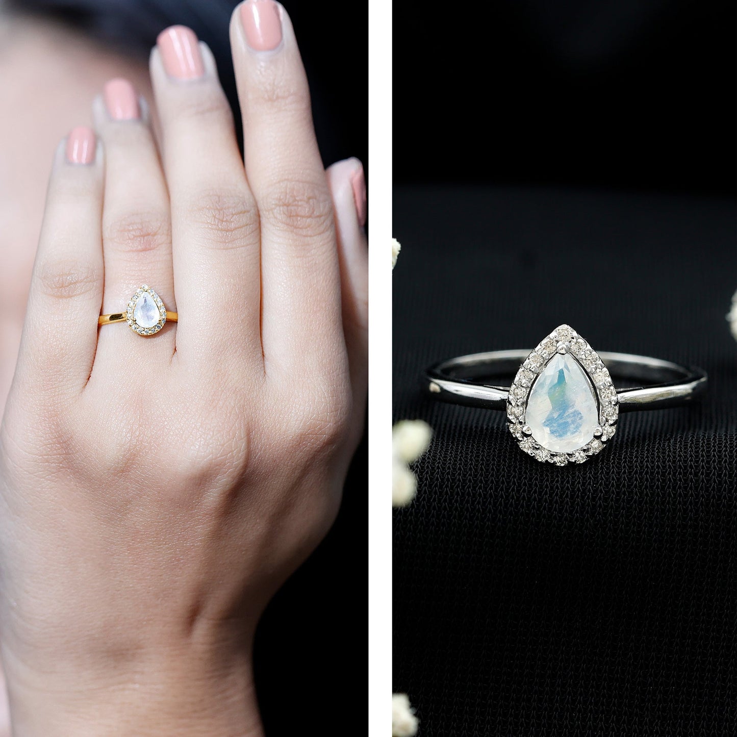 Pear Shaped Moonstone Halo Engagement Ring with Diamond