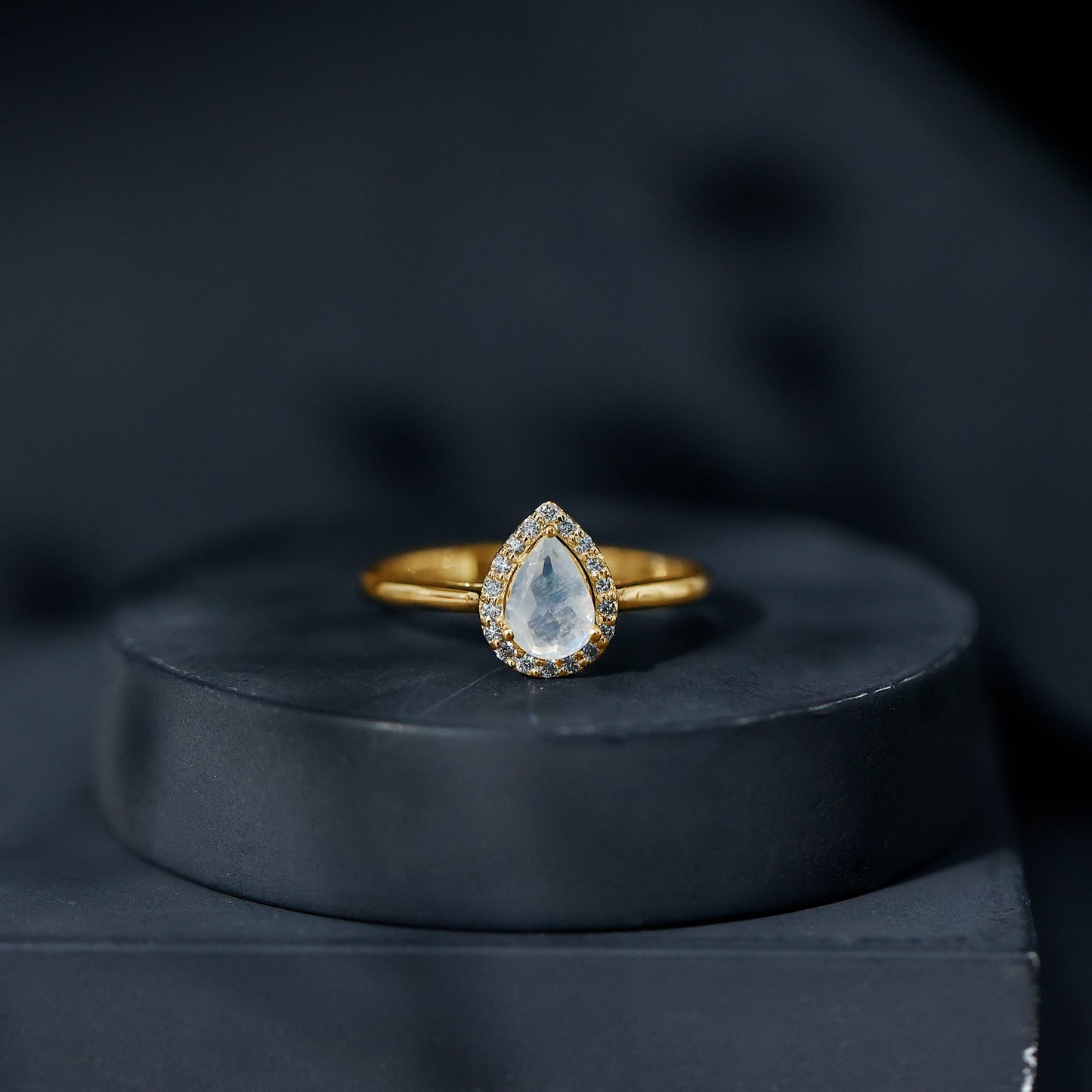 Pear Shaped Moonstone Halo Engagement Ring with Diamond