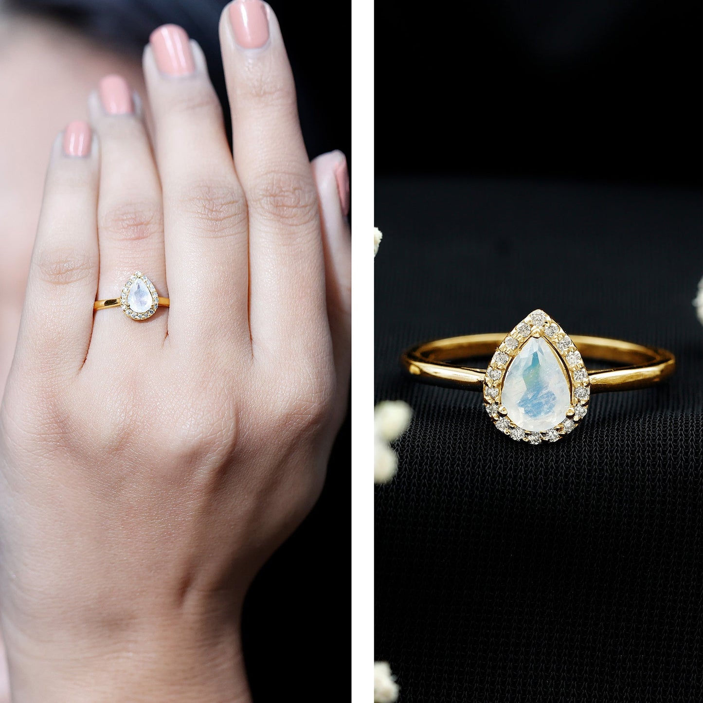 Pear Shaped Moonstone Halo Engagement Ring with Diamond