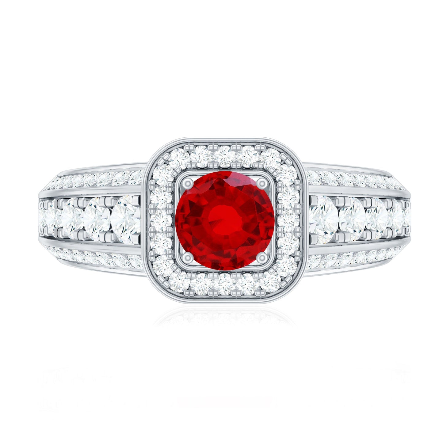 Lab Grown Ruby and Moissanite Halo Engagement Ring