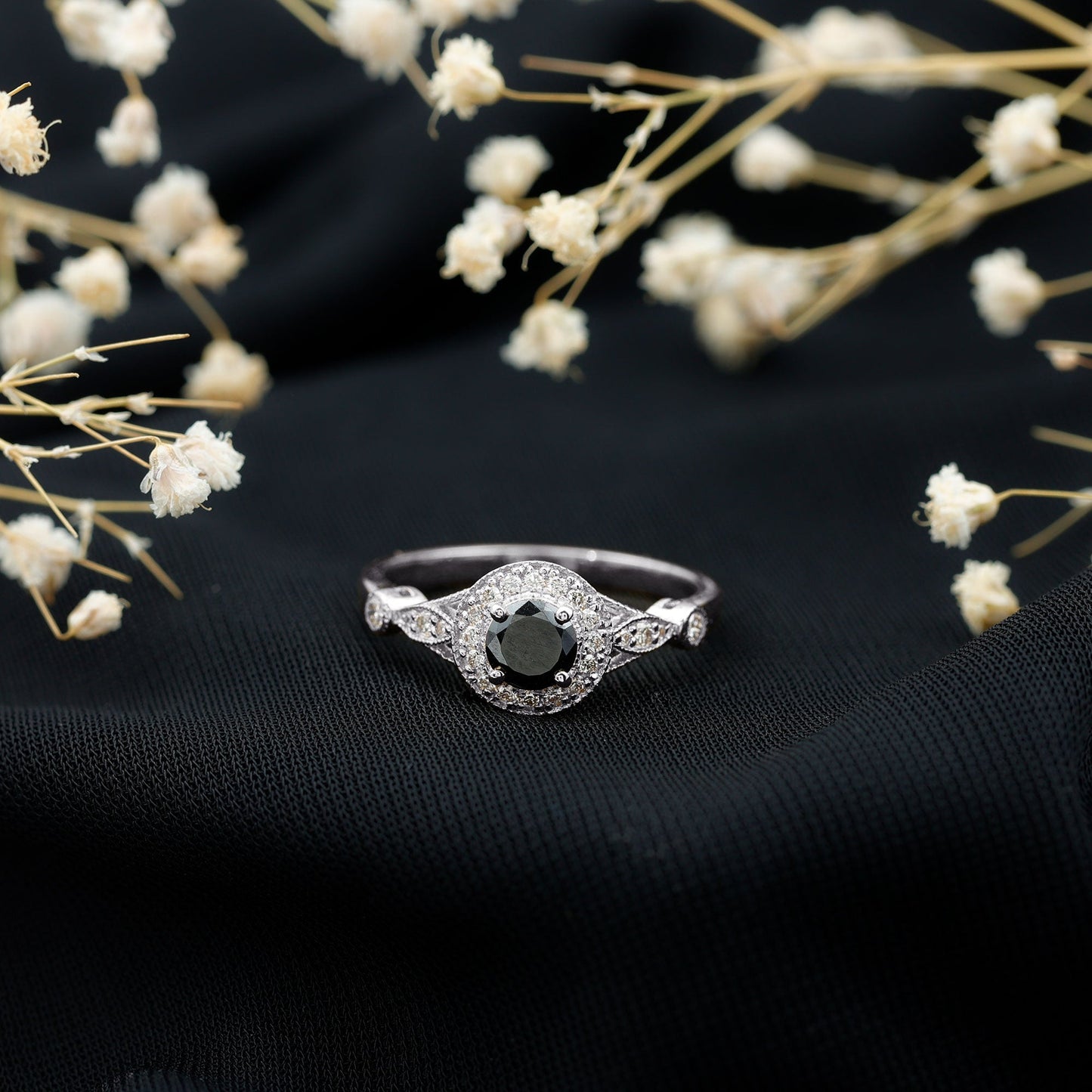 Vintage Inspired 0.8 Carat Lab Grown Black and White Diamond Engagement Ring with Halo