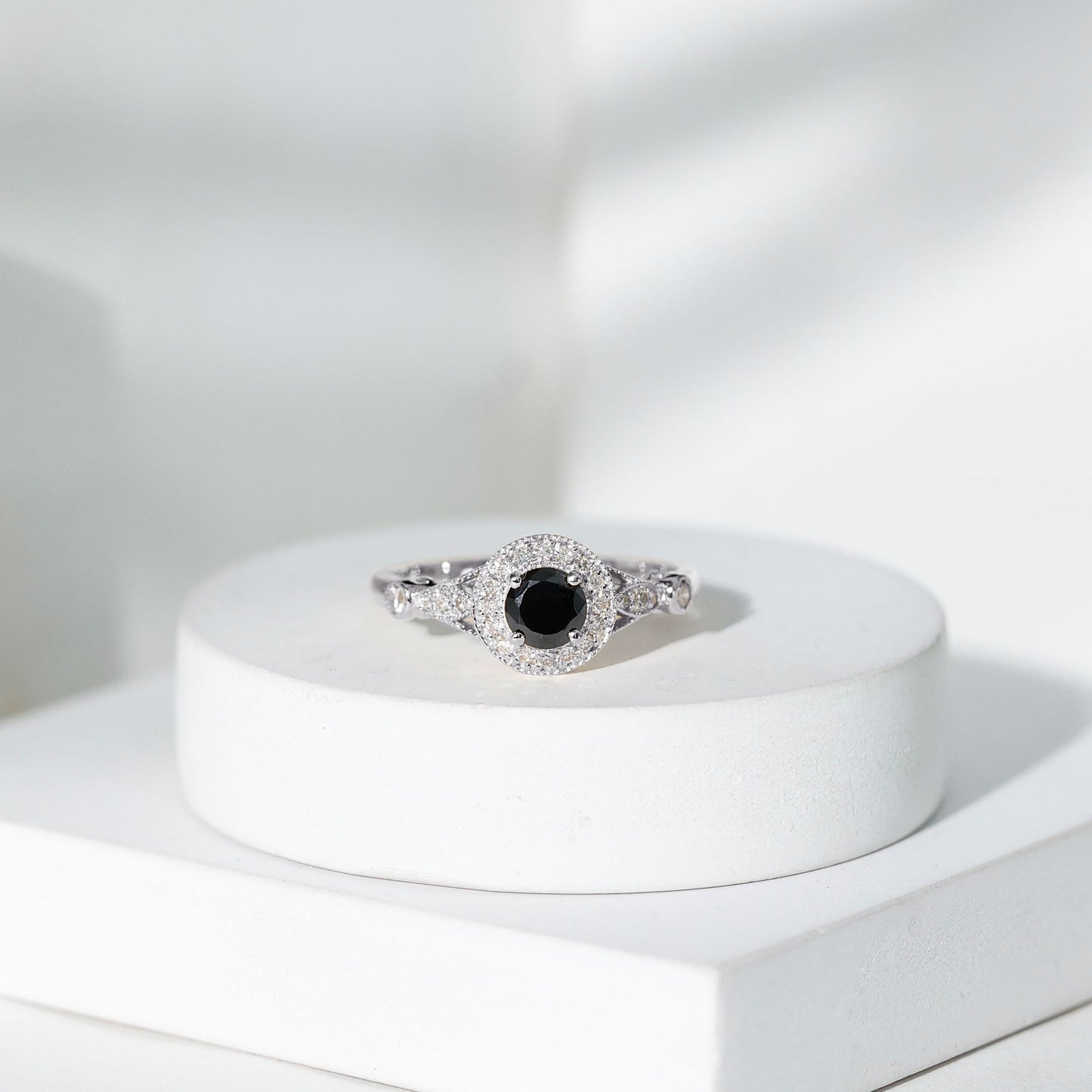 Vintage Inspired 0.8 Carat Lab Grown Black and White Diamond Engagement Ring with Halo