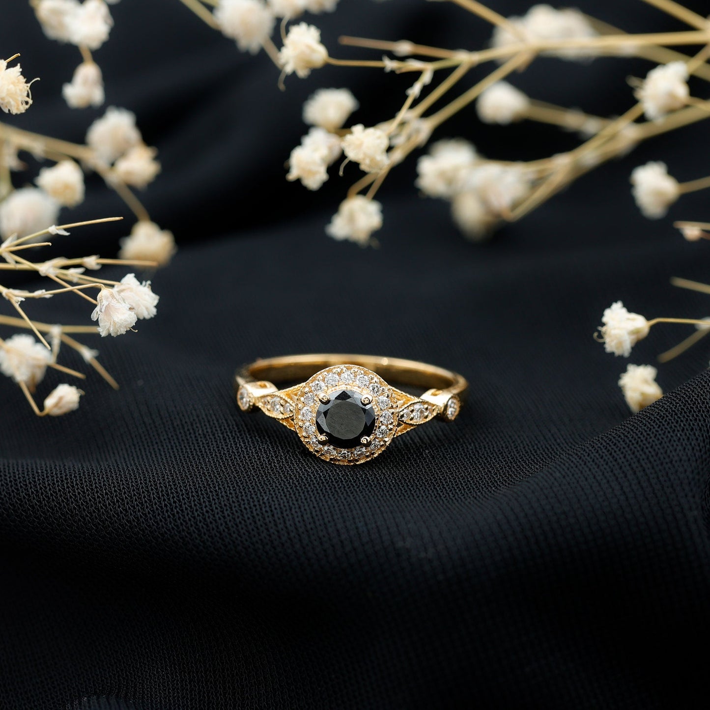 Vintage Inspired 0.8 Carat Lab Grown Black and White Diamond Engagement Ring with Halo