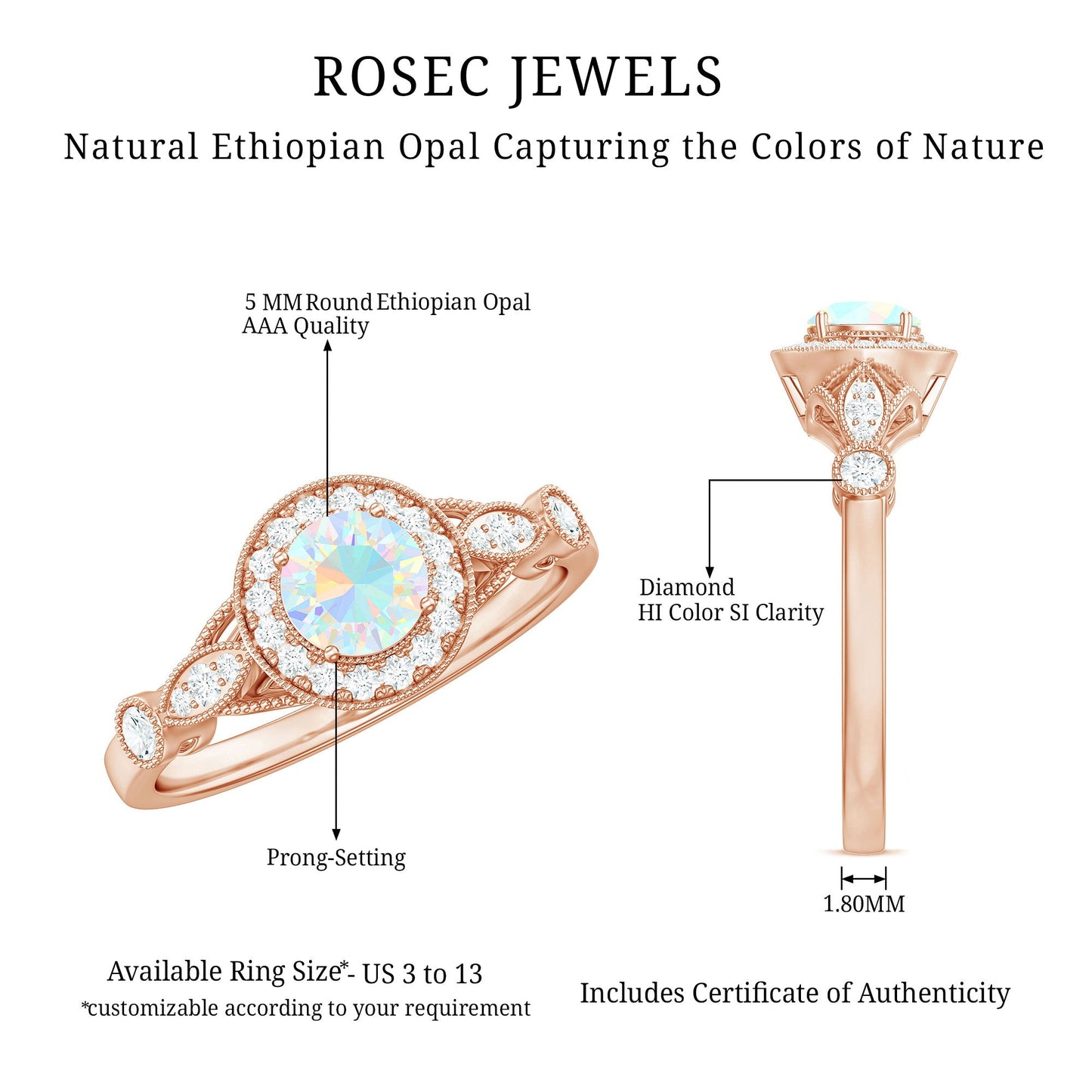 Genuine Ethiopian Opal Antique Looking Engagement Ring with Diamond Halo