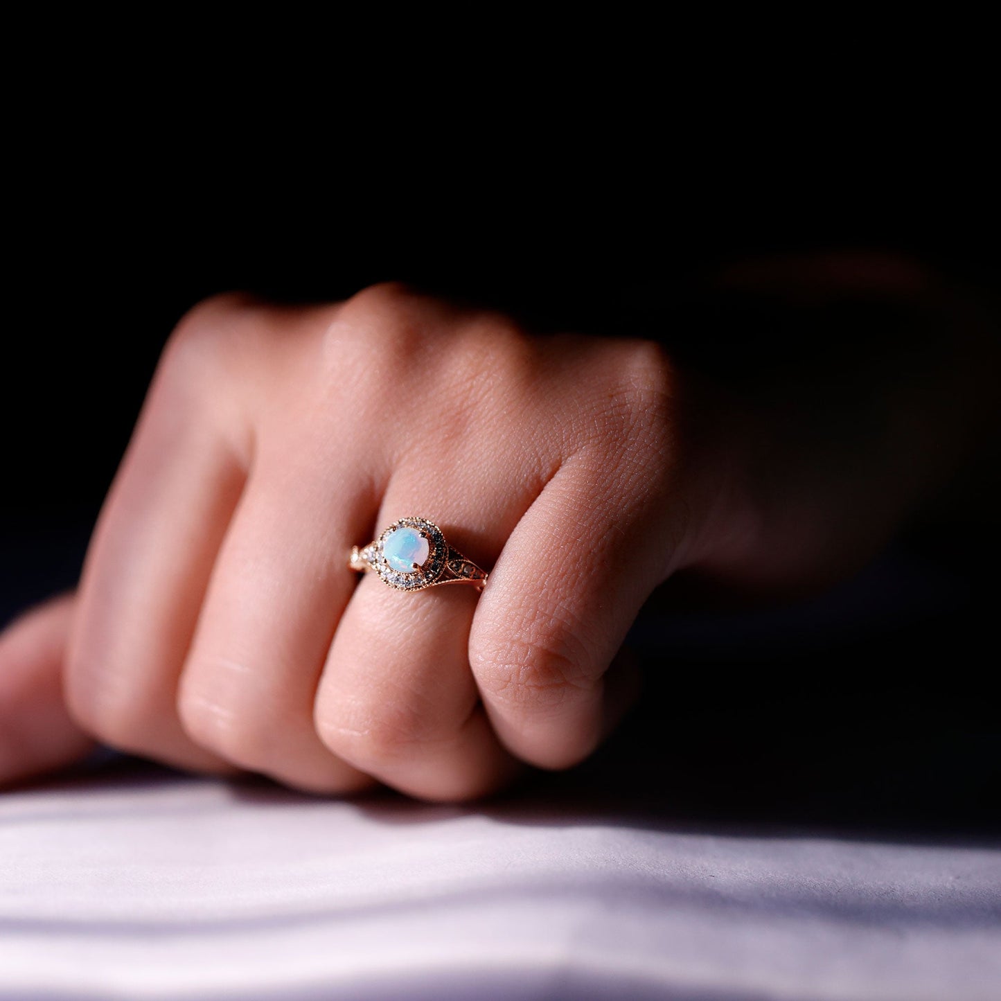 Genuine Ethiopian Opal Antique Looking Engagement Ring with Diamond Halo