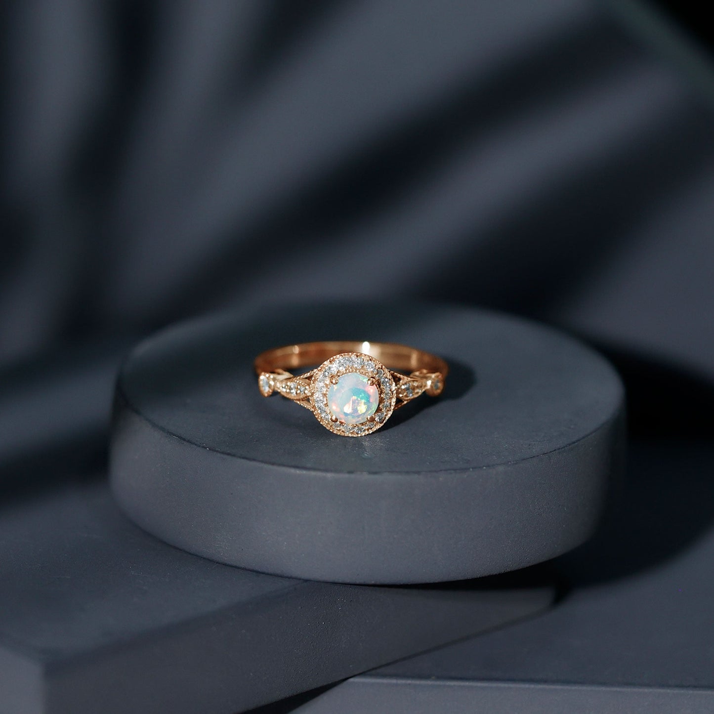 Genuine Ethiopian Opal Antique Looking Engagement Ring with Diamond Halo