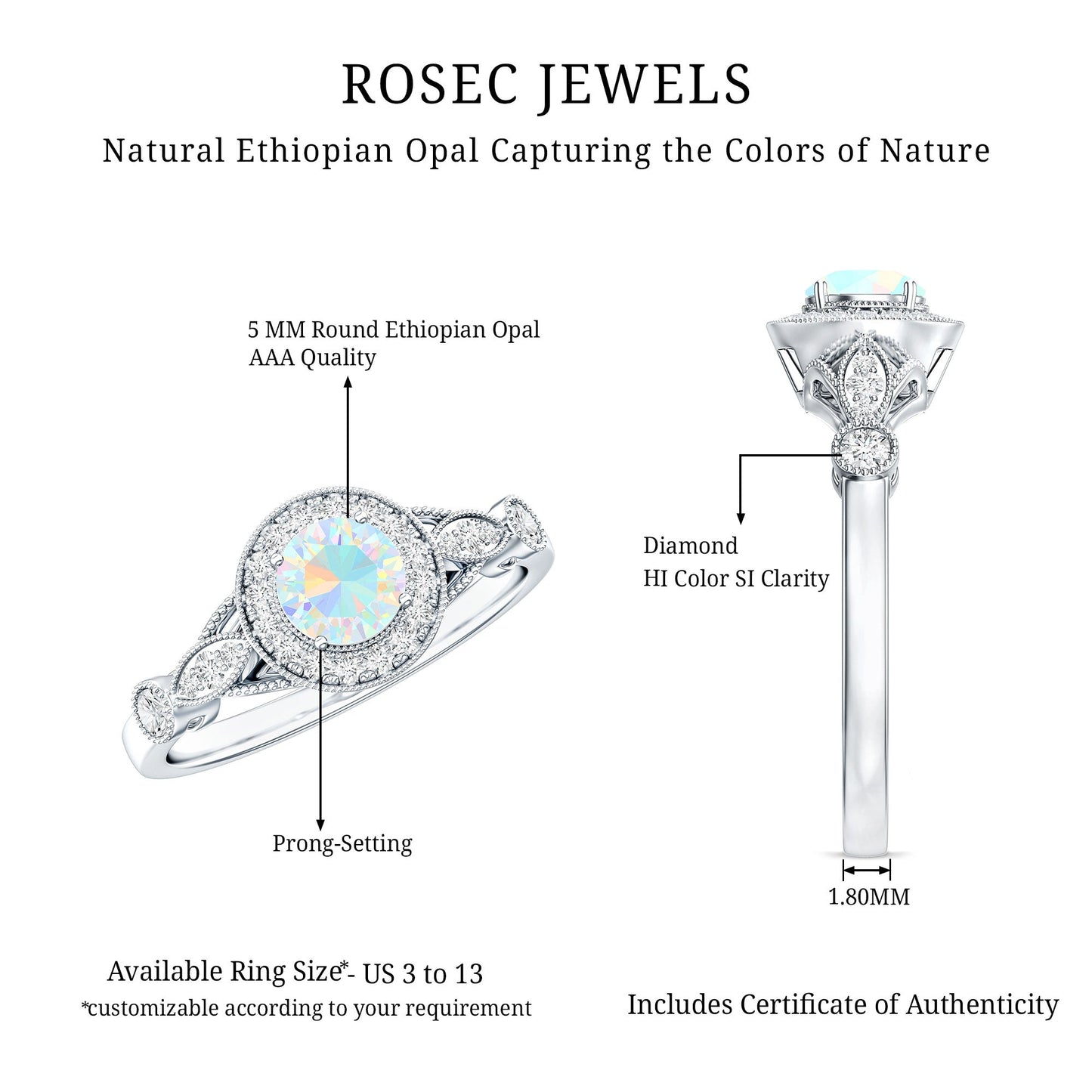 Genuine Ethiopian Opal Antique Looking Engagement Ring with Diamond Halo