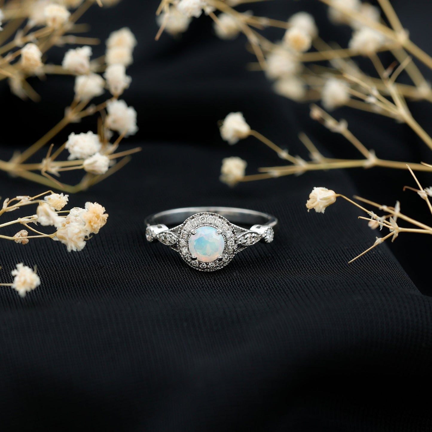 Genuine Ethiopian Opal Antique Looking Engagement Ring with Diamond Halo