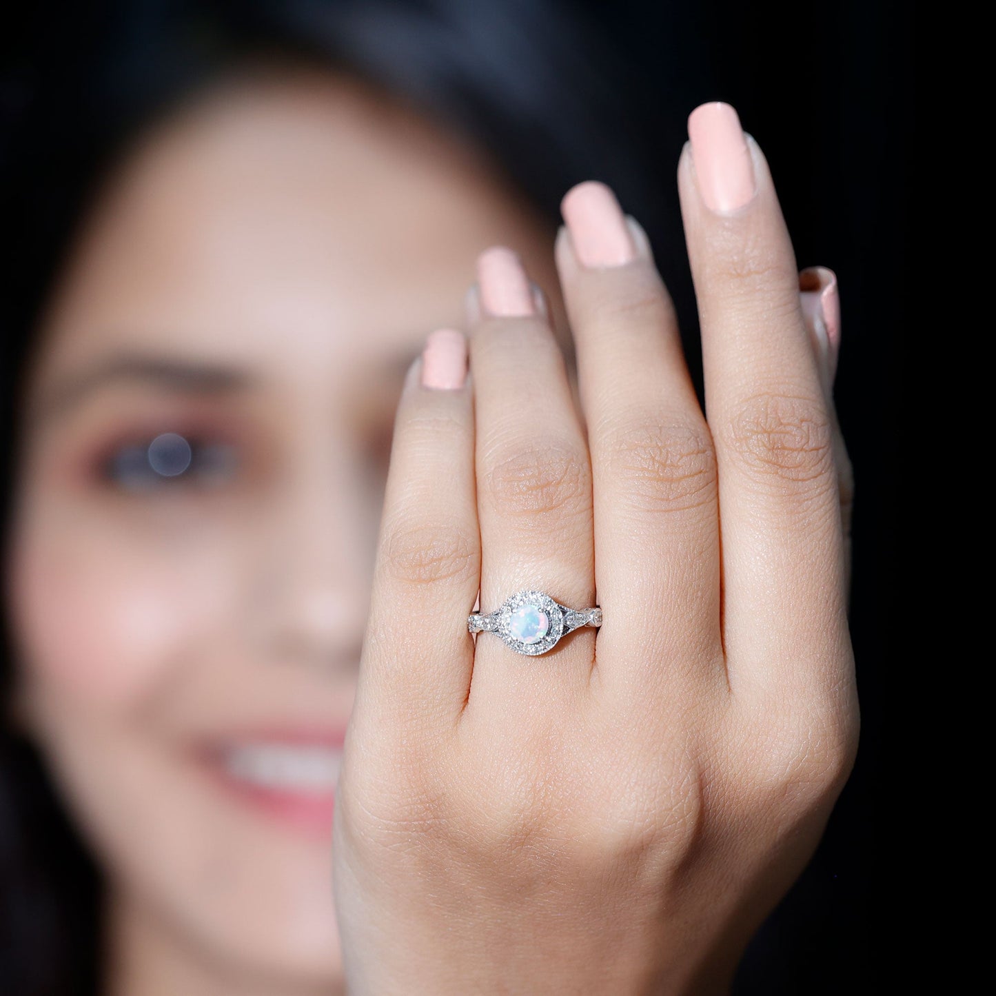 Genuine Ethiopian Opal Antique Looking Engagement Ring with Diamond Halo